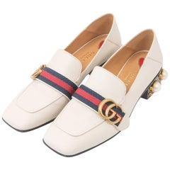 Gucci Petyon Ivory Loafer with Web Stripe and Pearl Stud Heel