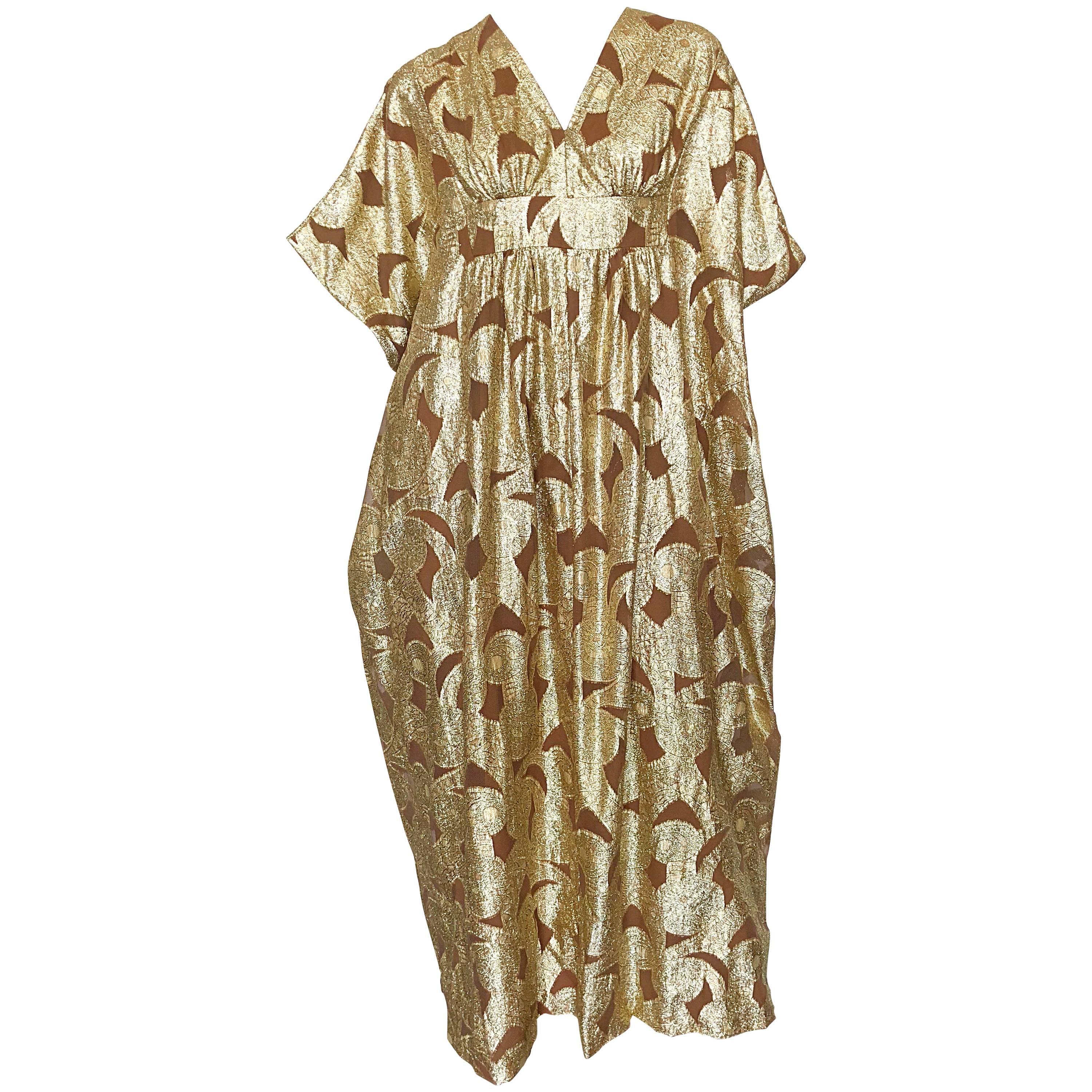 Amazing 1960s Gold + Brown Lurex and Silk Chiffon 60s Metallic Caftan Maxi Dress