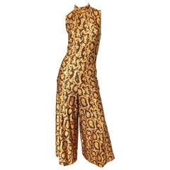 I Magnin Early 1970s Snakeskin Animal Print Wide Palazzo Leg Vintage Jumpsuit