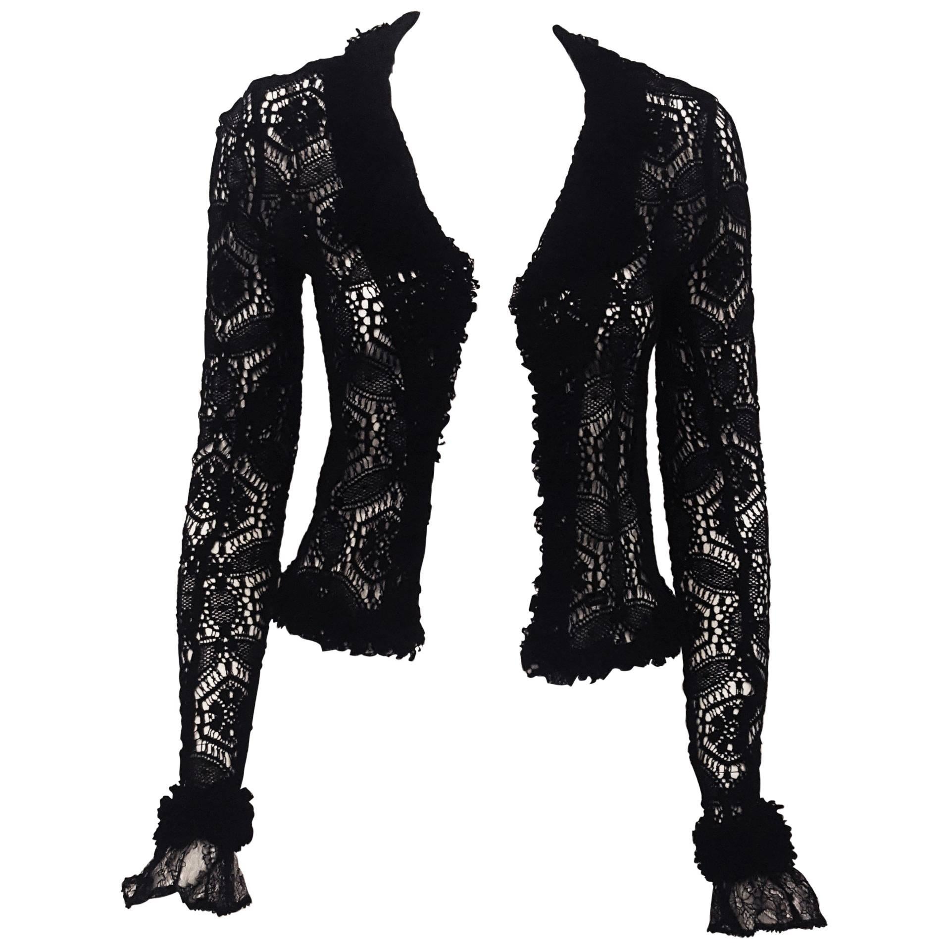 Chanel Black Crochet Long Sleeve Jacket With Double Collar & Lapel