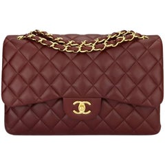 CHANEL Lambskin Quilted Jumbo Tri-Color Double Flap Burgundy