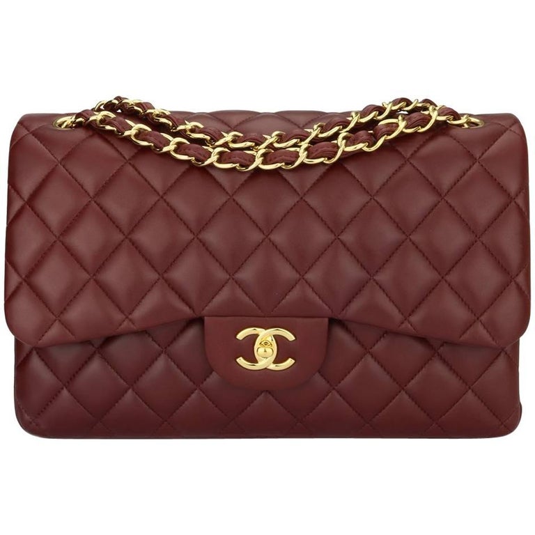 CHANEL Classic Jumbo Double Flap Burgundy Lambskin with Gold Hardware 2015.  at 1stDibs