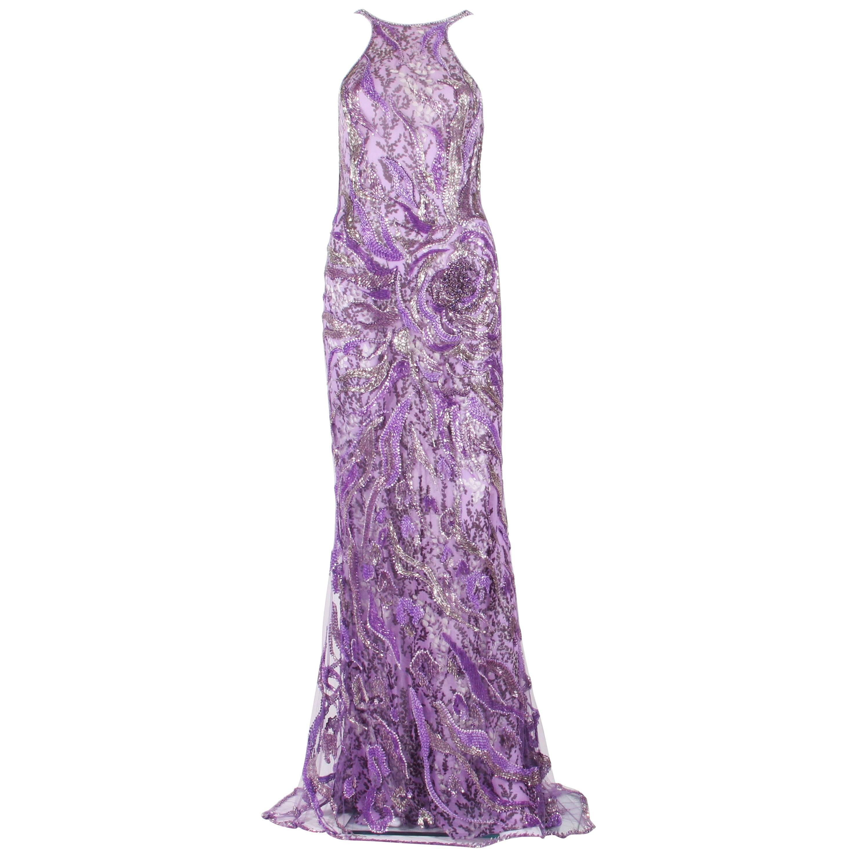 New Atelier Versace Wisteria Purple Silk Fully Beaded Dress Gown For Sale  at 1stDibs