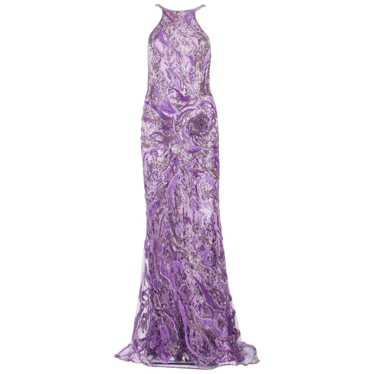 New Atelier Versace Wisteria Purple Silk Fully Beaded Dress Gown For
