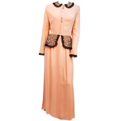 Vintage 1940s Petal Pink Black Lace Peplum Dress