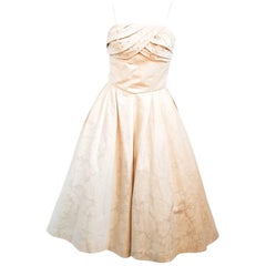 Vintage 1950s Ivory Jacquard Dress w/ Beaded Bodice