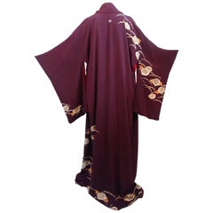 Vintage Aubergine Purple Painted Shibori Kimono, 1940s 