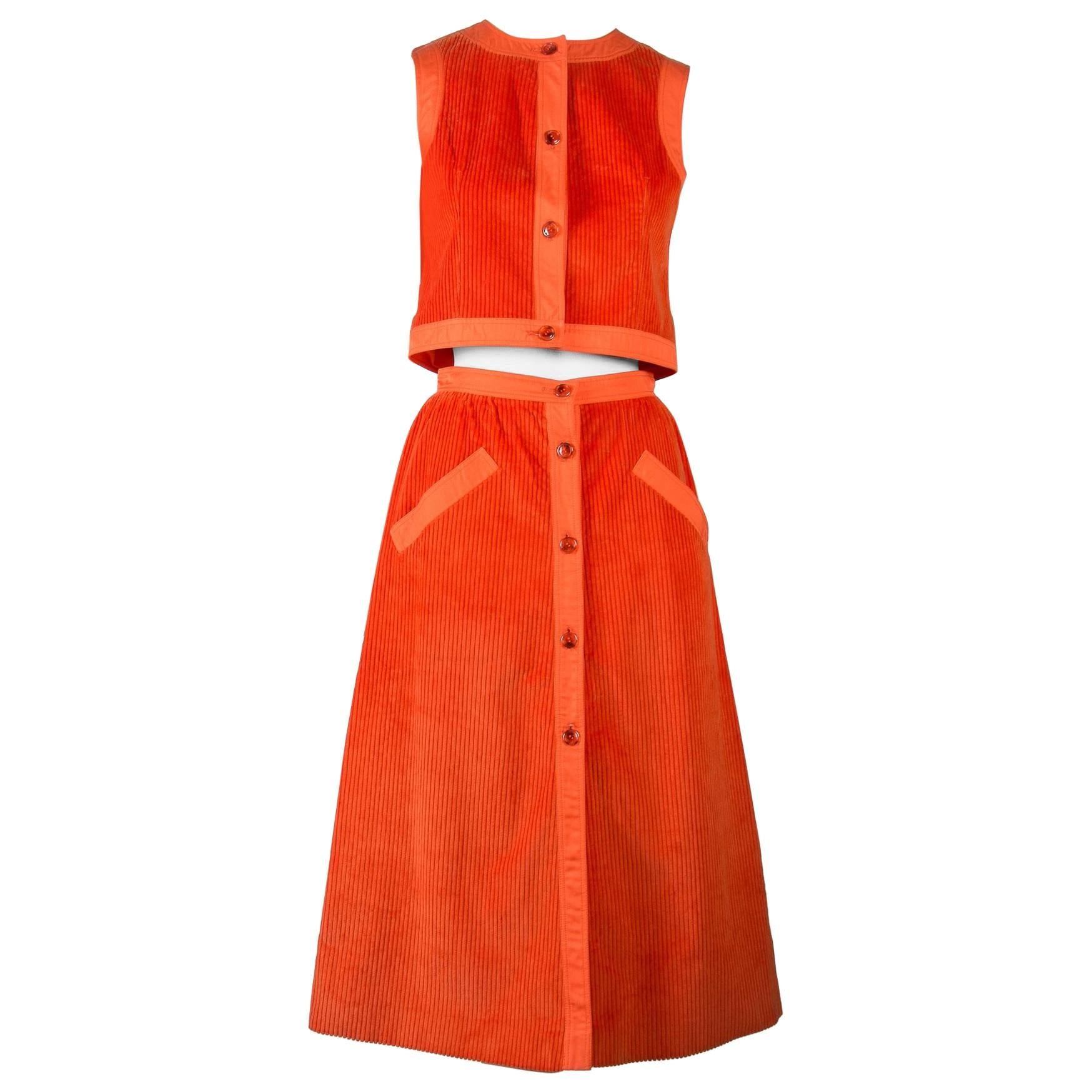 Courreges Orange Corduroy Skirt Set - 1970's Condition For Sale