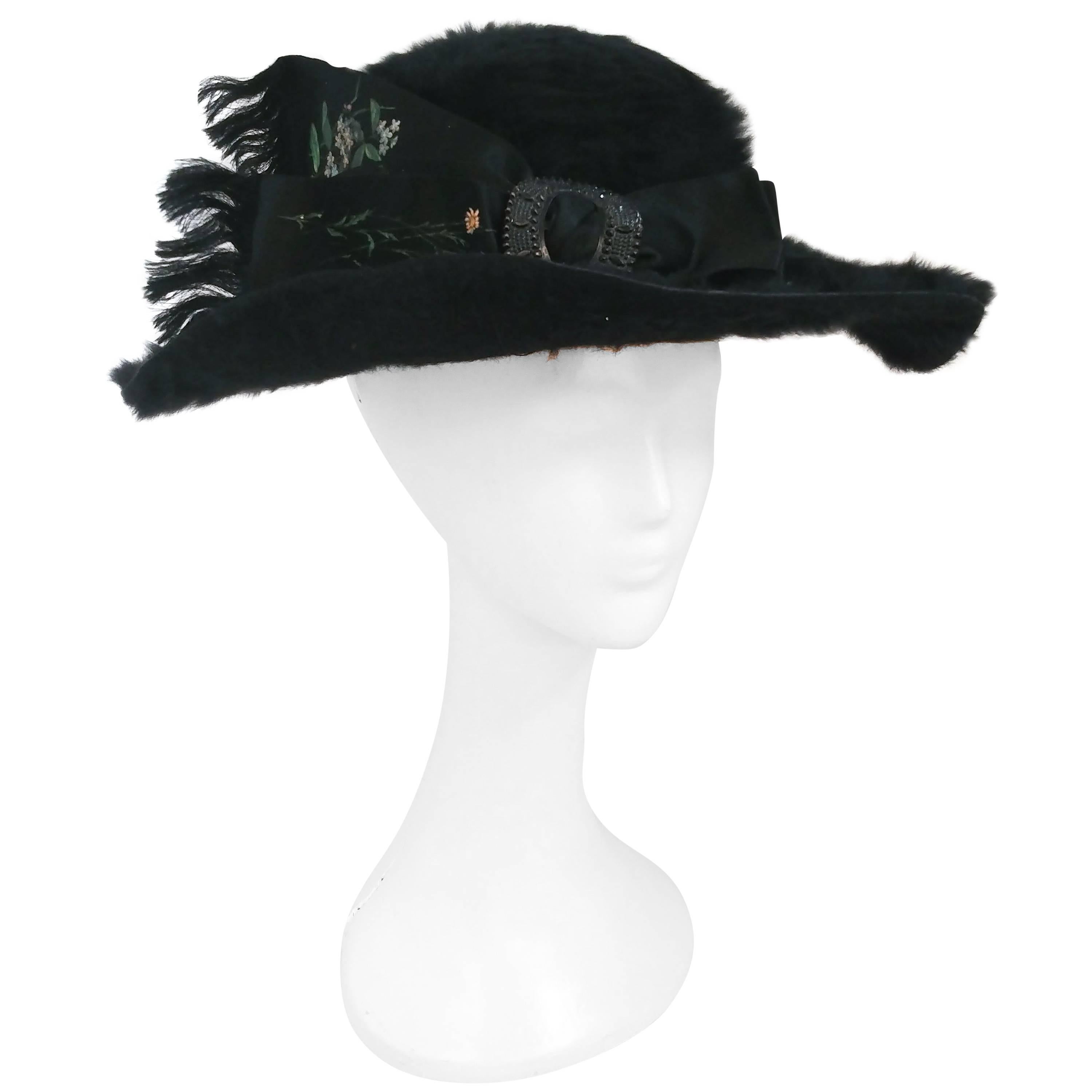 Edwardian Black Fur Felt Picture Hat w/ Painted Ribbon, 1910s