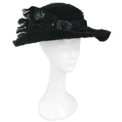 Vintage Edwardian Black Fur Felt Picture Hat w/ Painted Ribbon, 1910s