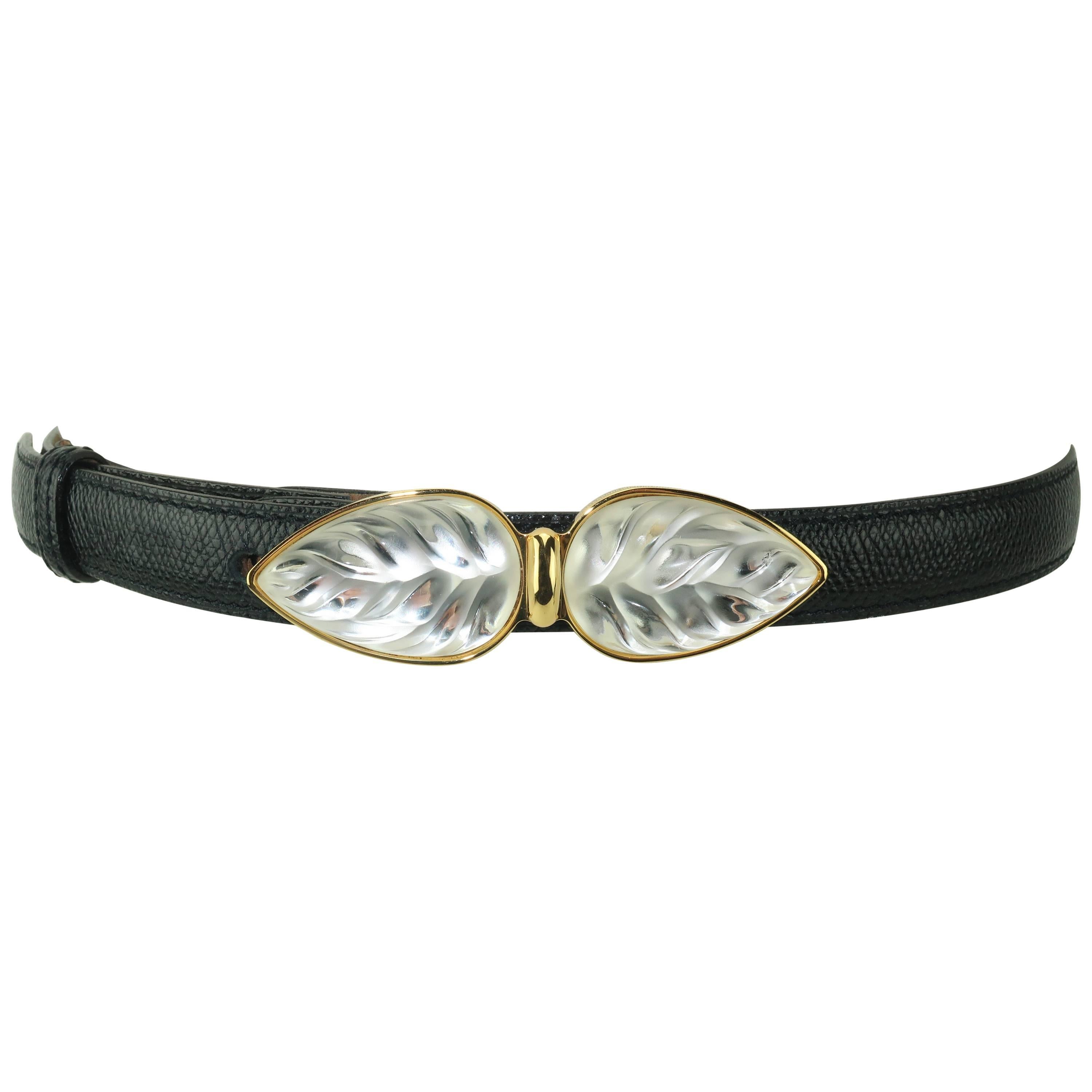 Lalique Art Glass Leaf Buckle With Black Leather Belt