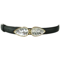 Boucle de ceinture en verre d'art Lalique Leaf avec ceinture en cuir noir