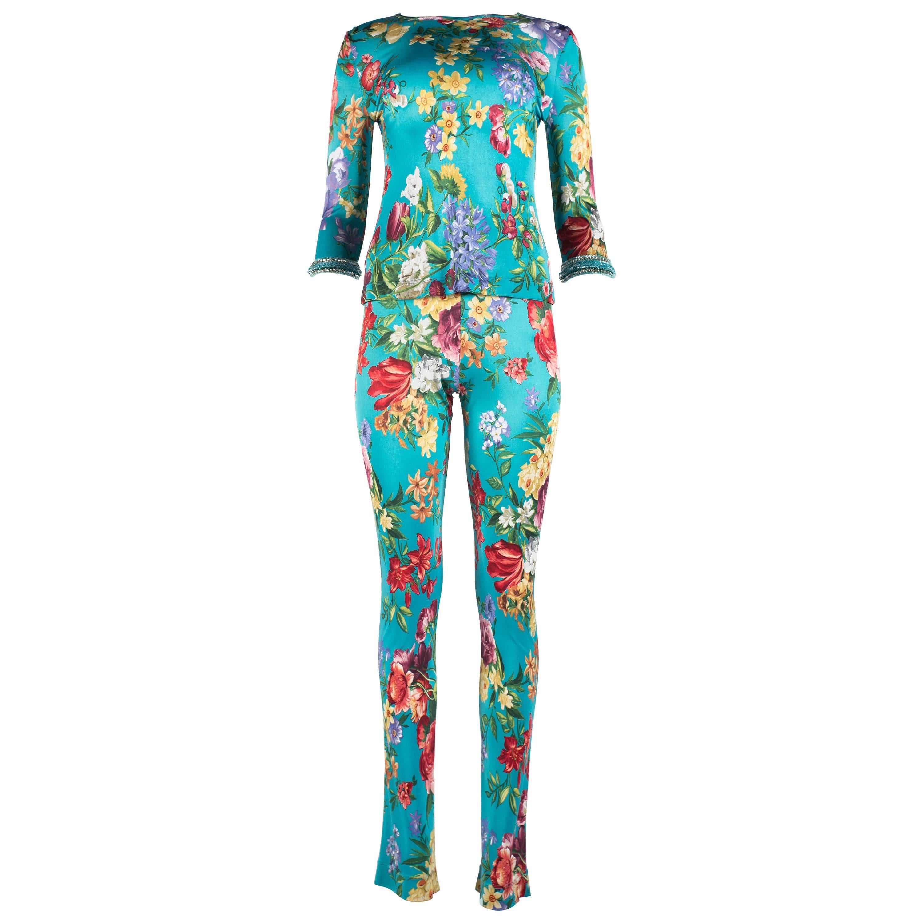 Dolce & Gabbana viscose jersey turquoise floral pant suit, circa 1999 For Sale