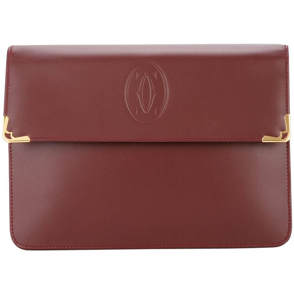 Cartier Burgundy Bordeaux Leather Gold Evening Envelope Flap Clutch Bag