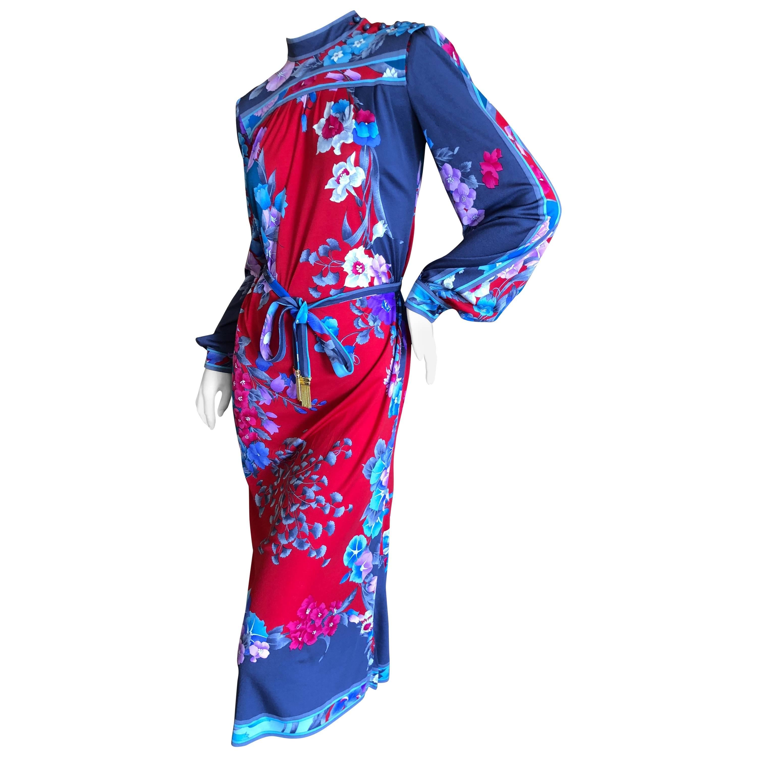 Leonard Paris Floral Silk Jersey Poet Sleeve Dress with Belt, 1970s  For Sale