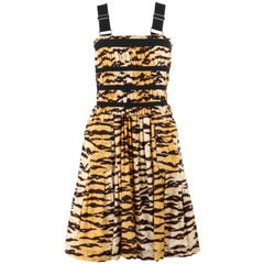 DOLCE & GABBANA Tiger Stripe Print Gathered Pleated Sleeveless Cocktail Dress