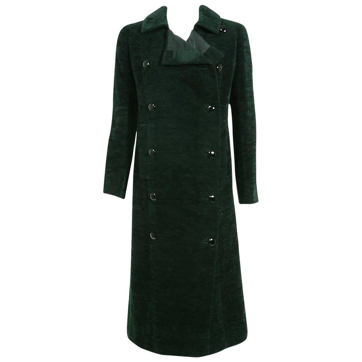 1969 Christian Dior Haute-Couture Dark Green Silk Corduroy Double-Breasted Coat 