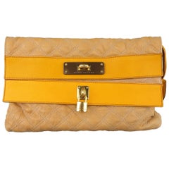 MARC JACOBS Beige & Gold Quilted Leather Lock Clutch Handbag