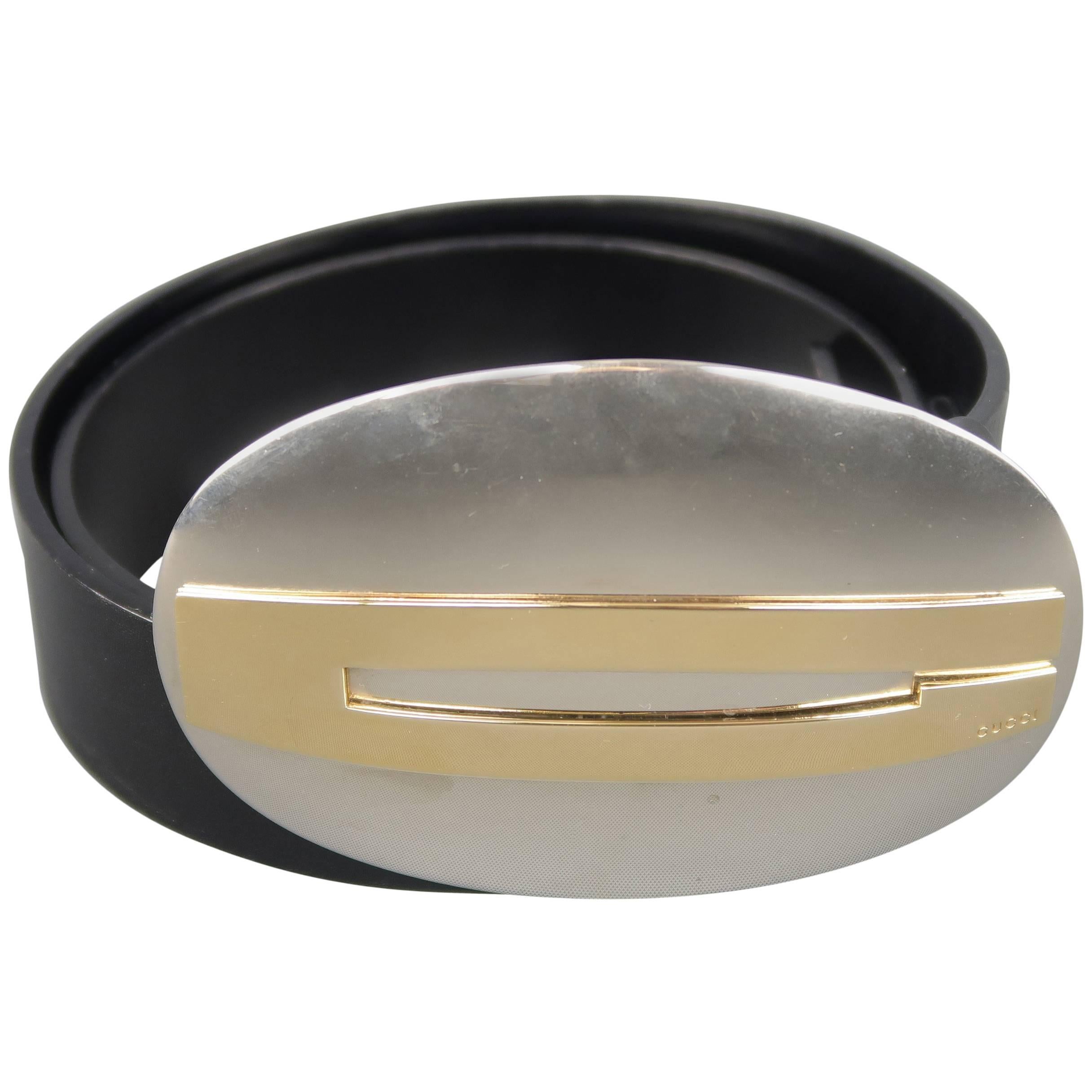  GUCCI M Large Silver & Gold Oval G Buckle Black Leather Belt