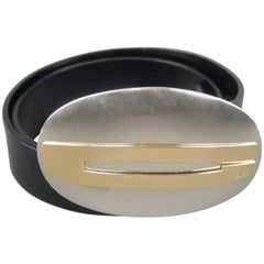 GUCCI M Large Silver & Gold Oval G Buckle Black Leather Belt