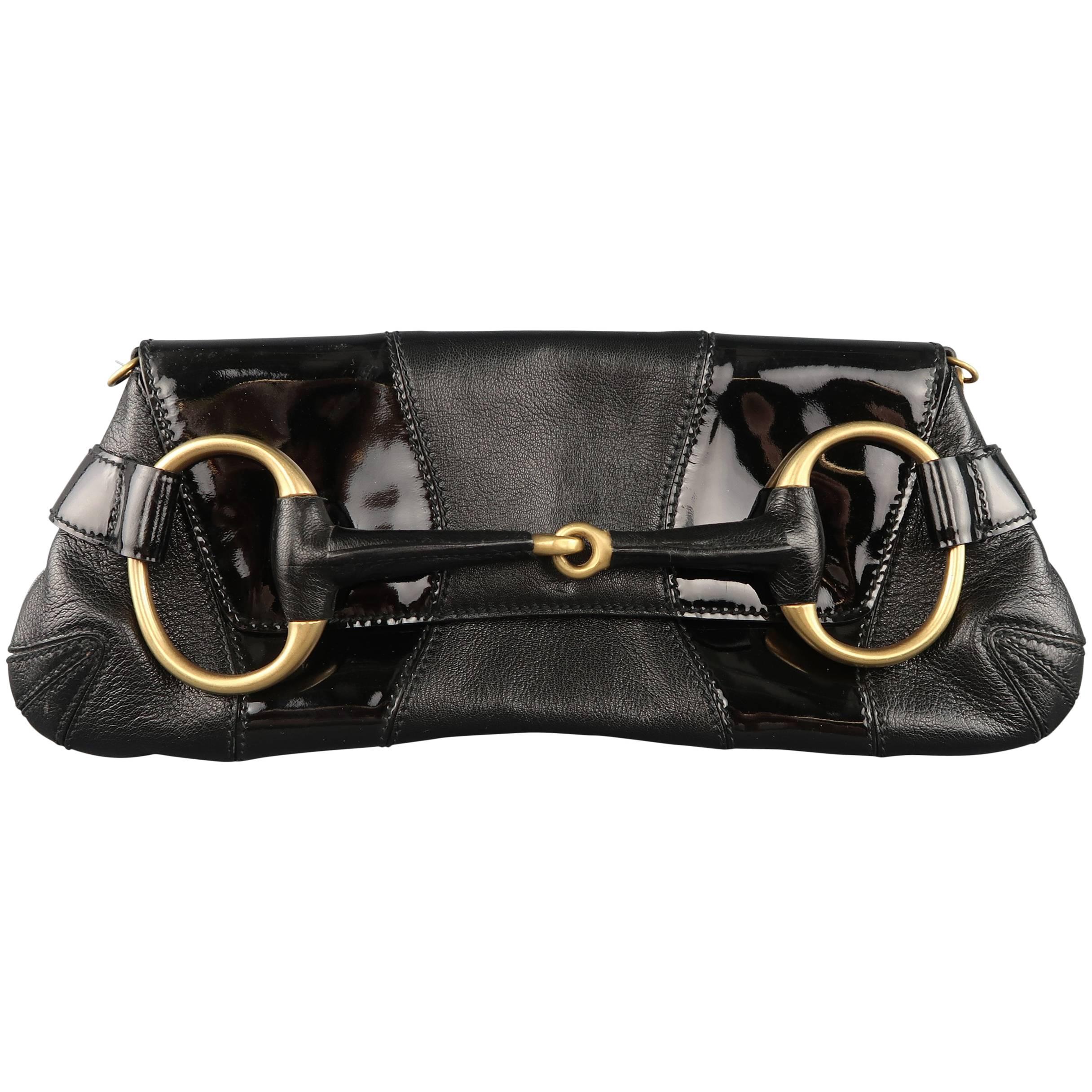 GUCCI Black Patent Leather Panel Gold Horsebit Clutch Handbag