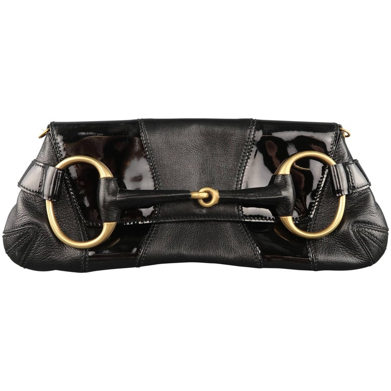 GUCCI Black Patent Leather Panel Gold Horsebit Clutch Handbag at 1stDibs