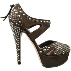 MIU MIU Size 5.5 Brown Studded Suede Strappy Platform Pumps