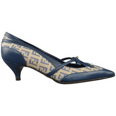 FENDI Size 5.5 Blue Leather Zucca Monogram Canvas Kitten Heel Pumps