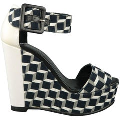 PIERRE HARDY 6 Black & White Geometric Canvas & Patent Leather Wedge Sandals