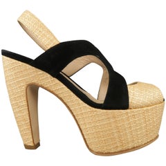 FENDI Size 5.5 Beige Raffia & Back Suede Slingback Platform Sandals