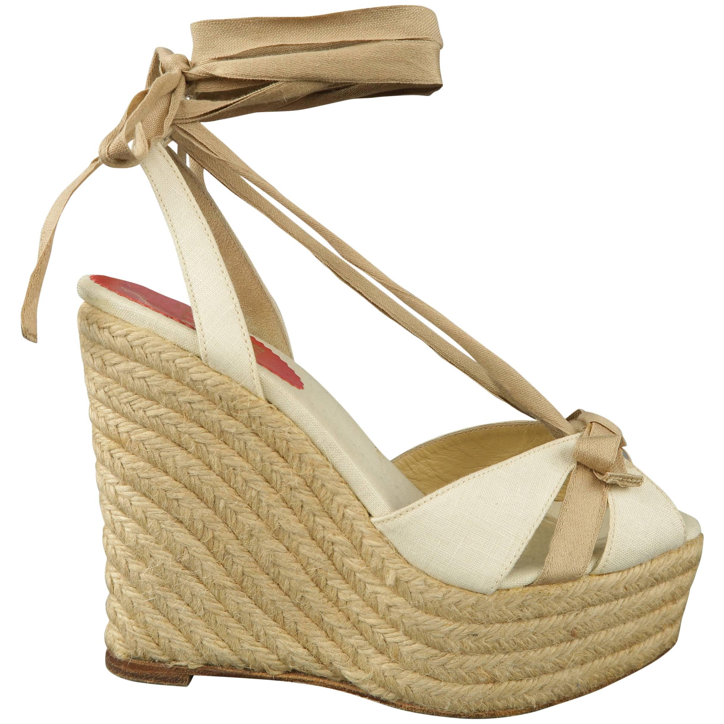 CHRISTIAN LOUBOUTIN 5.5 Cream & Beige Tied Ankle Strap Espadrille Wedge Sandals