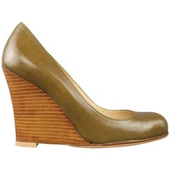 Christian Louboutin Olive Green Leather Stacked Wedge Pumps