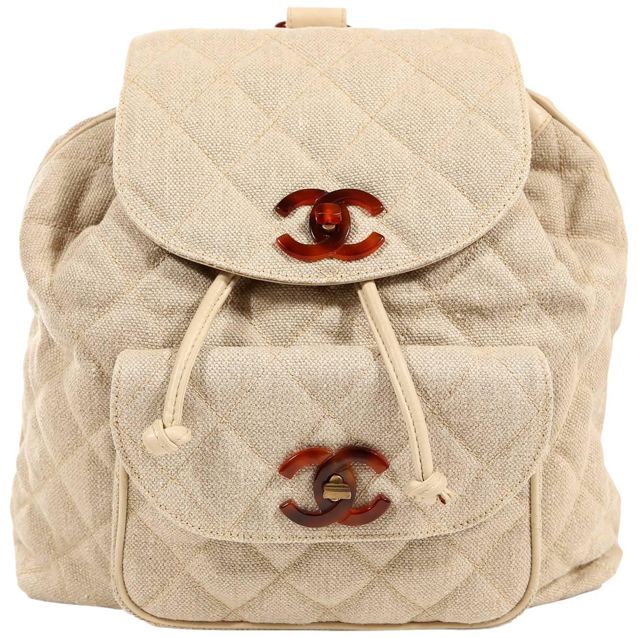 Chanel Beige Linen Quilted Backpack