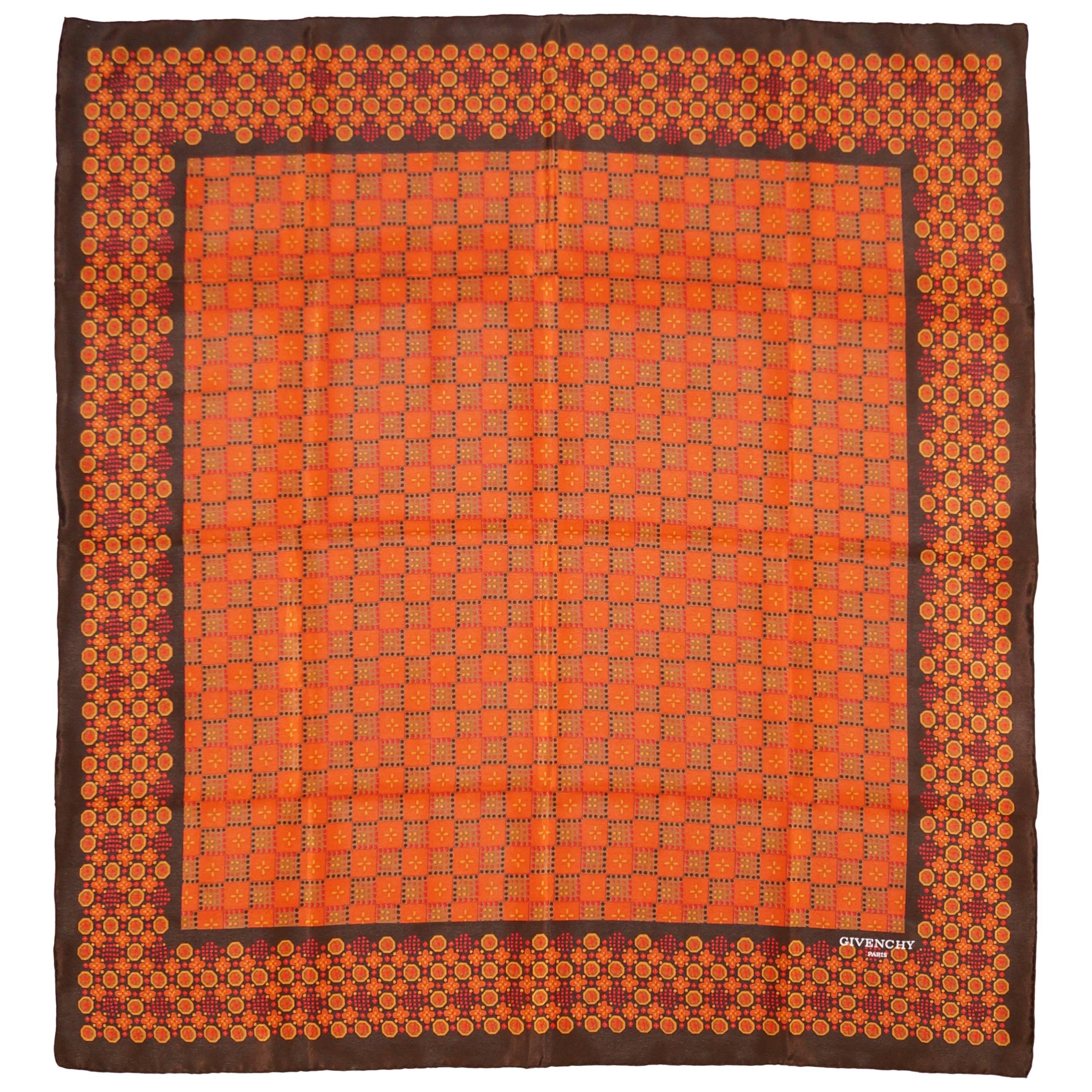  Givenchy Floral and Geometric Silk Scarf in Amber Tones, 1970s 