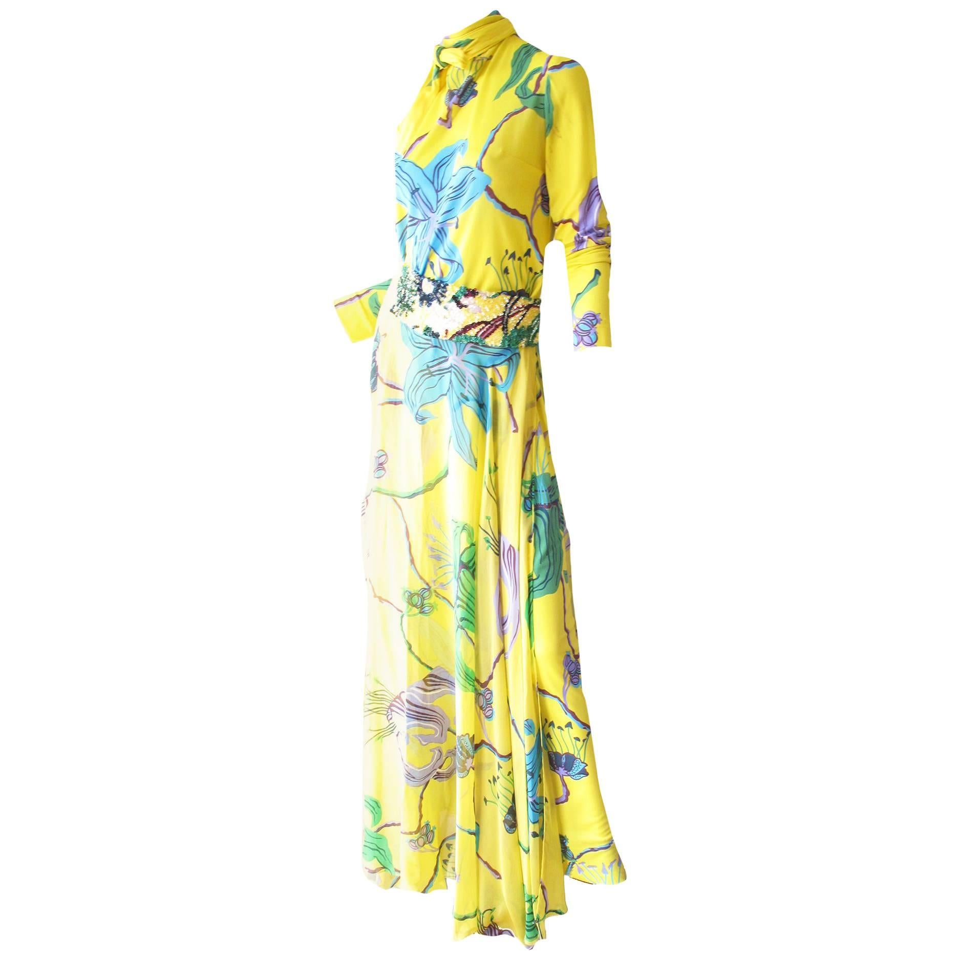 La Mendola Printed Gown with Over Skirt and Sequin Belt, 1970s For Sale