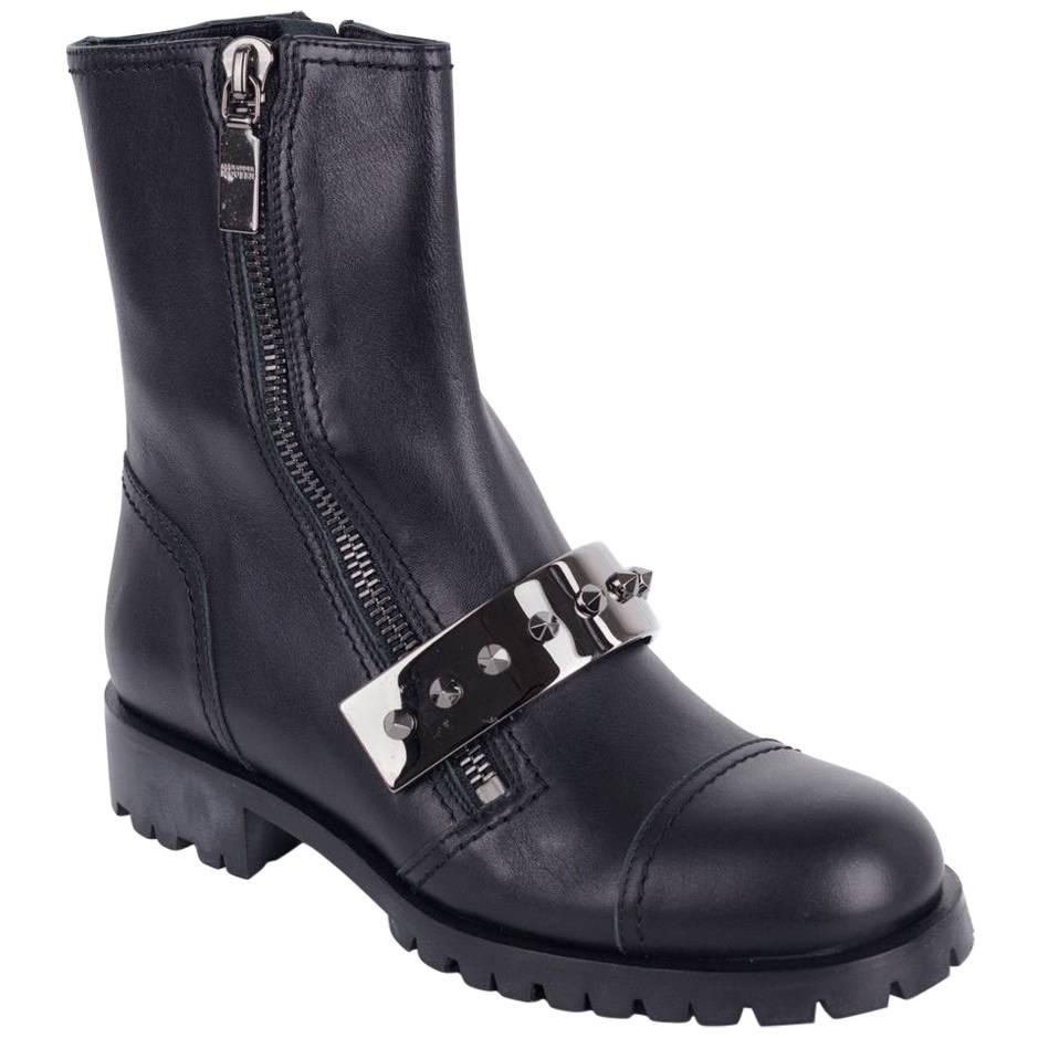 Alexander McQueen Womens Black Metal Strap Combat Boots For Sale