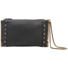 Lanvin Black Leather and Brass Studded Wristlet Clutch Bag