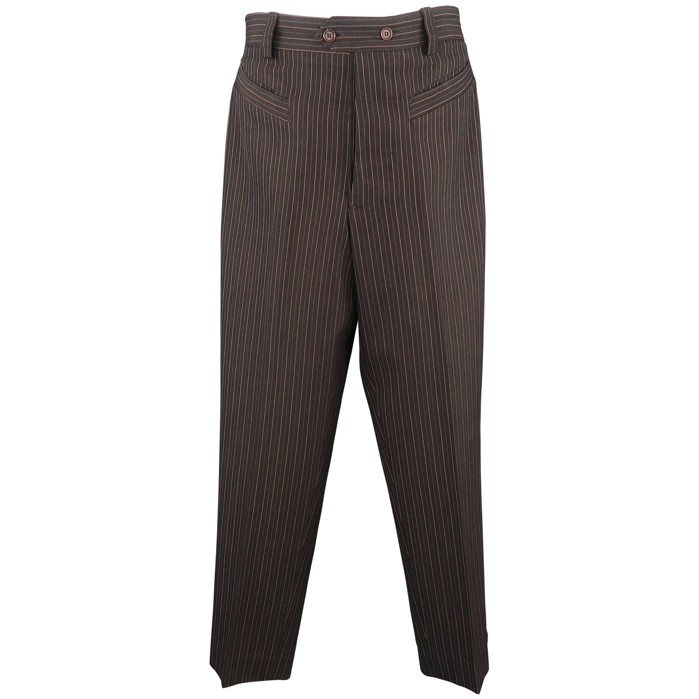 Jean Paul Gaultier Men's Brown Striped Wool High Rise Pants