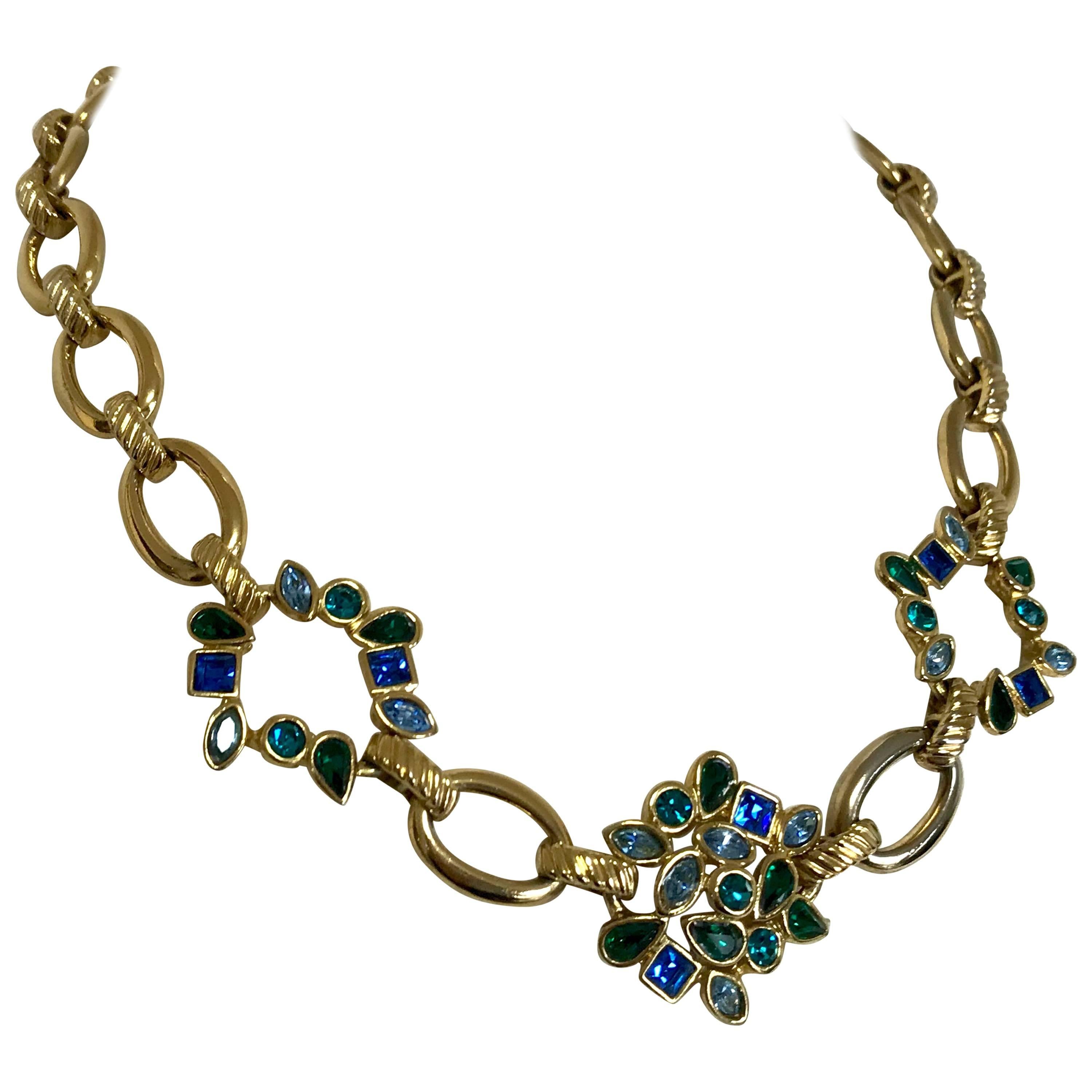 Vintage Yves Saint Laurent, YSL Golden Chain Necklace with Blue and Green Stones For Sale