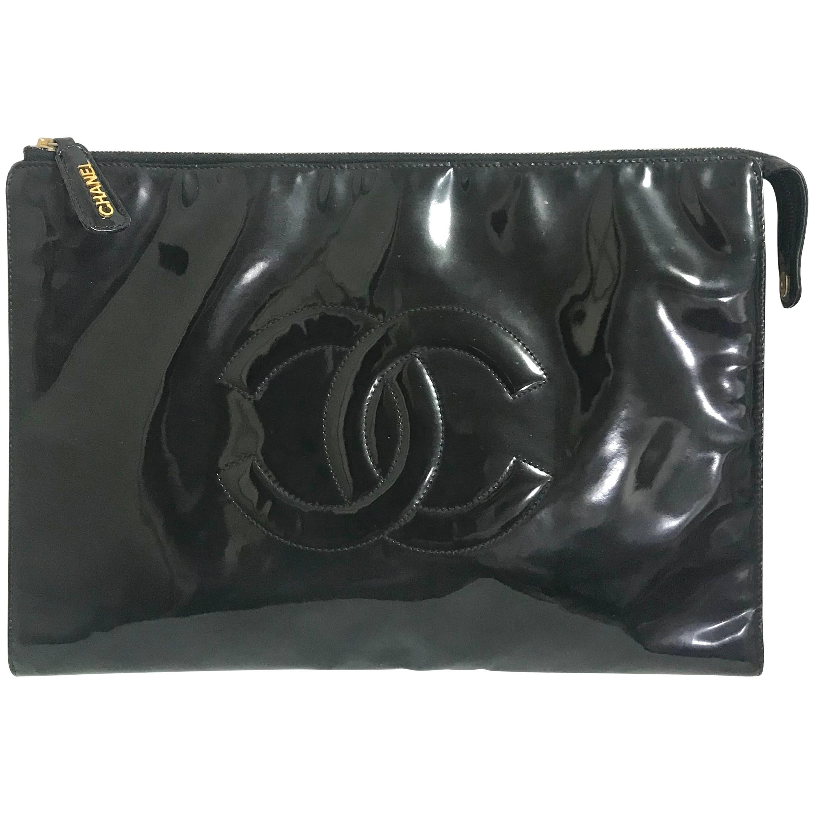 Chanel Vintage classic black patent enamel document bag / large clutch purse  For Sale