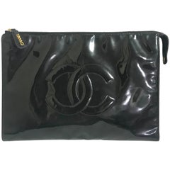 Chanel Vintage classic black patent enamel document bag / large clutch purse