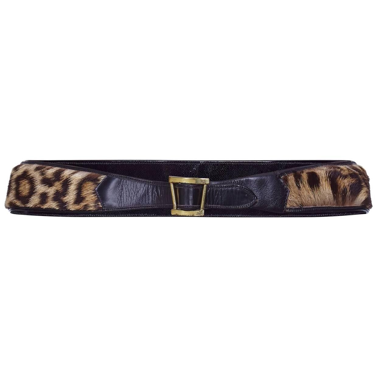 Vintage 1950s Authentic Leopard and Black Leather Belt With Gilt Buckle