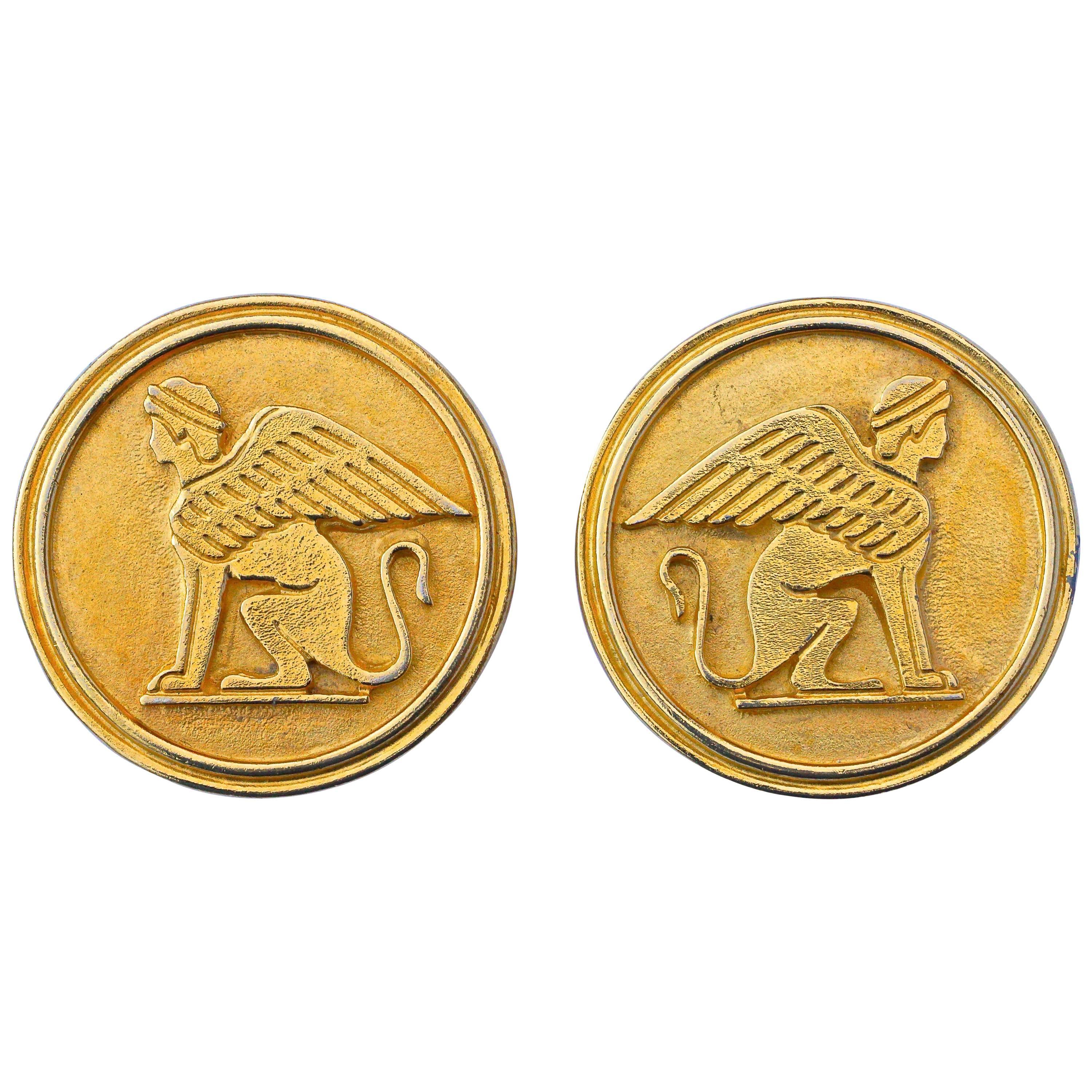 Gold Plated Vintage Sphinx Clip On Statement Earrings