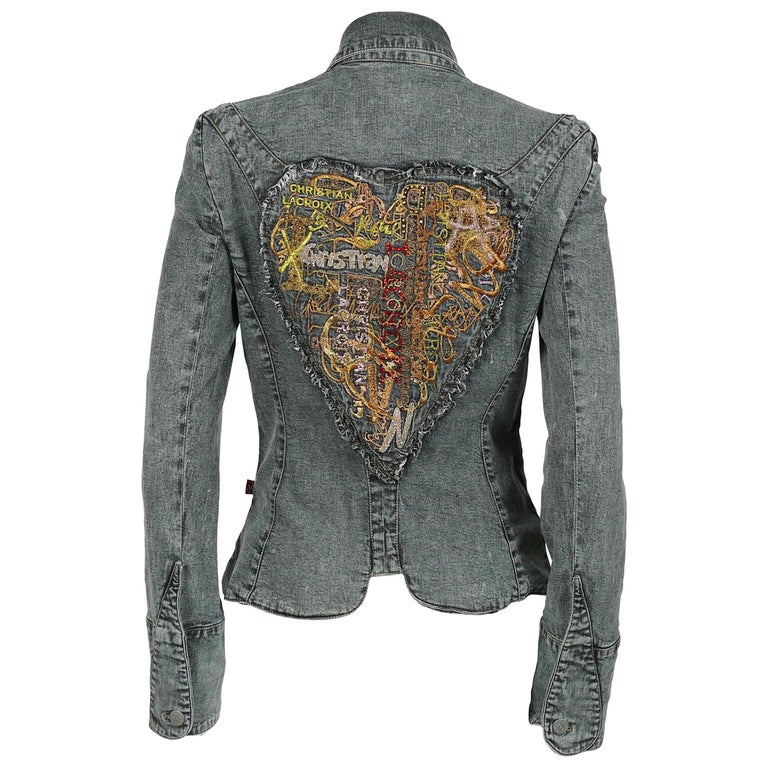 Christian Lacroix Vintage Embroidered and Jeweled Heart Denim Jacket at