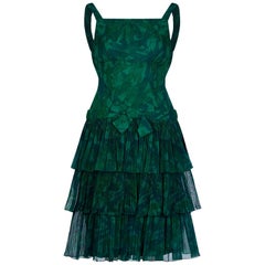 Vintage 1960s Green Dropped Waist Dress With Layered Ruffle Skirt