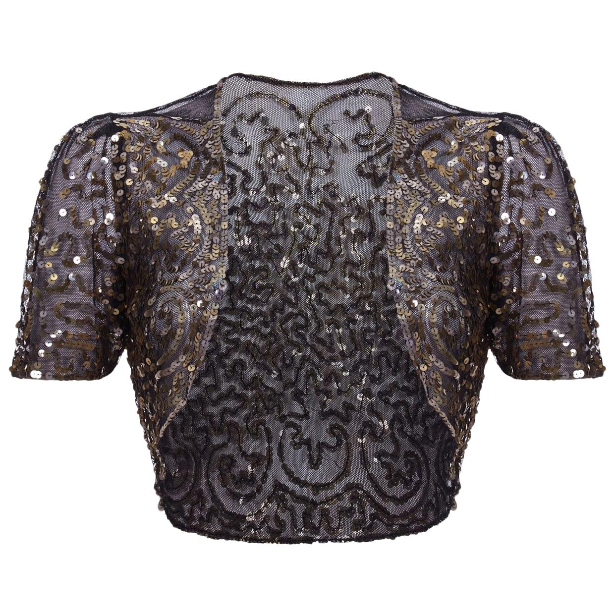 1930s Black Tulle and Gold Sequinned Capelet Bolero