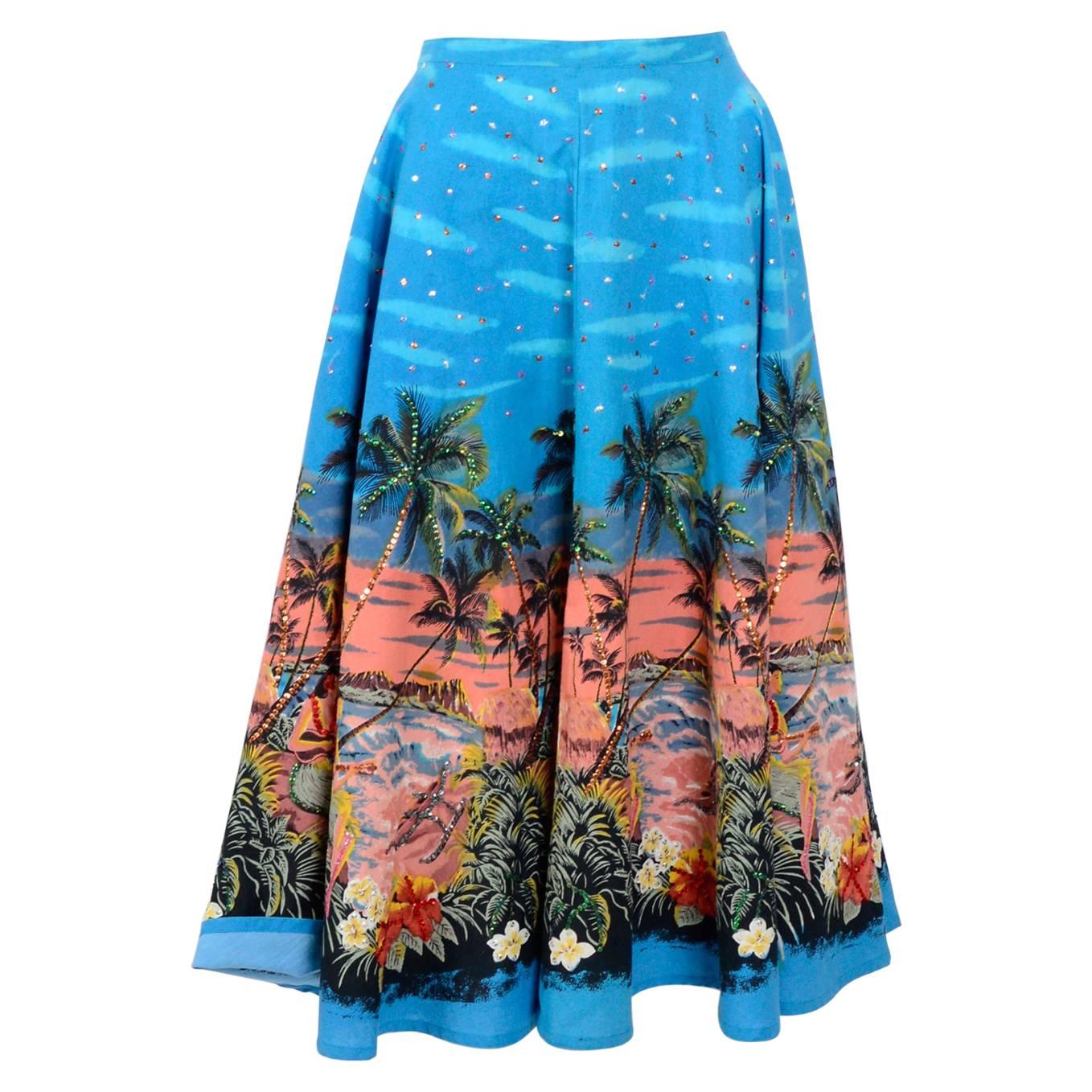 Vintage 1950s sequined Hawaiian print full circle cotton skirt 