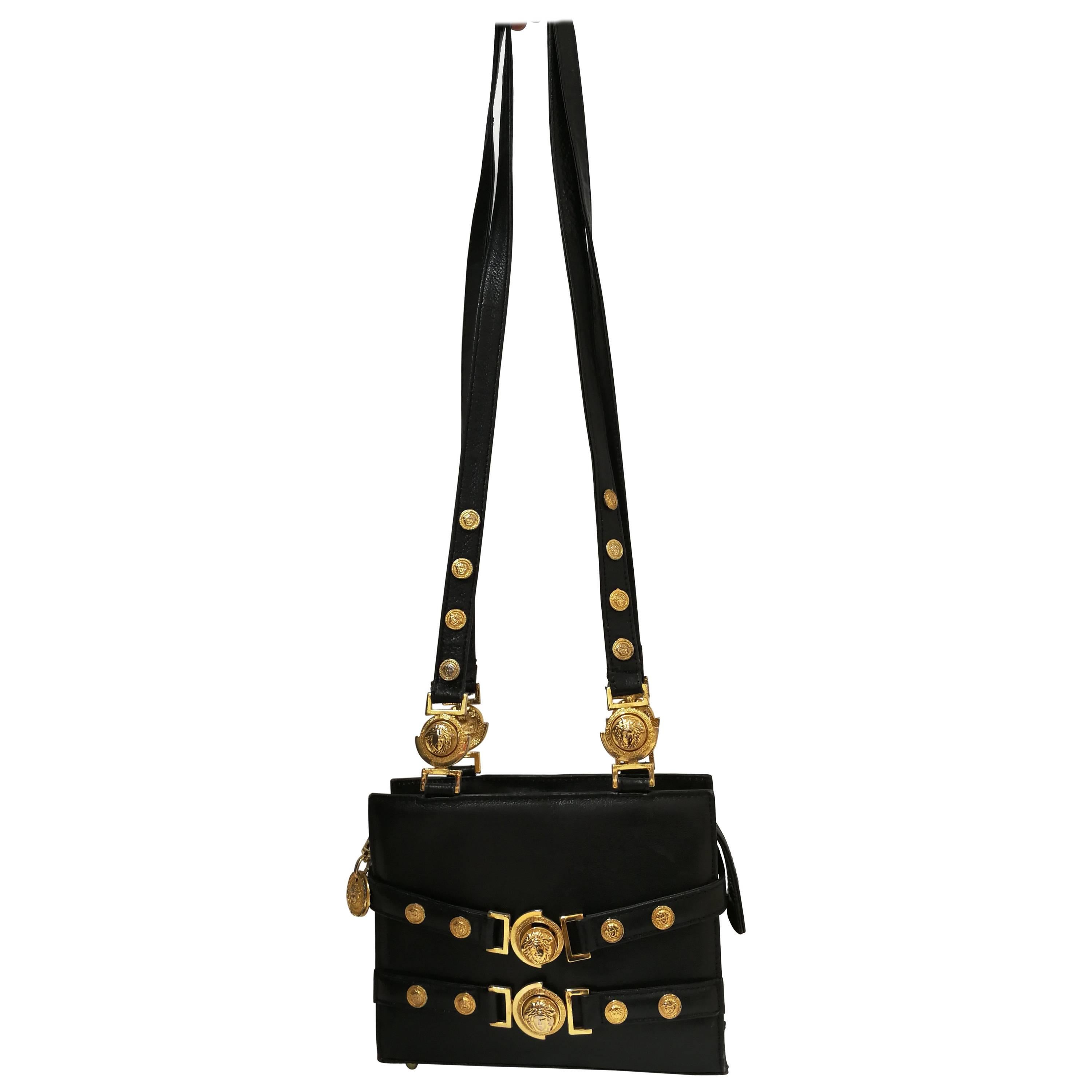 Gianni Versace black leather gold studs Shoulder Bag