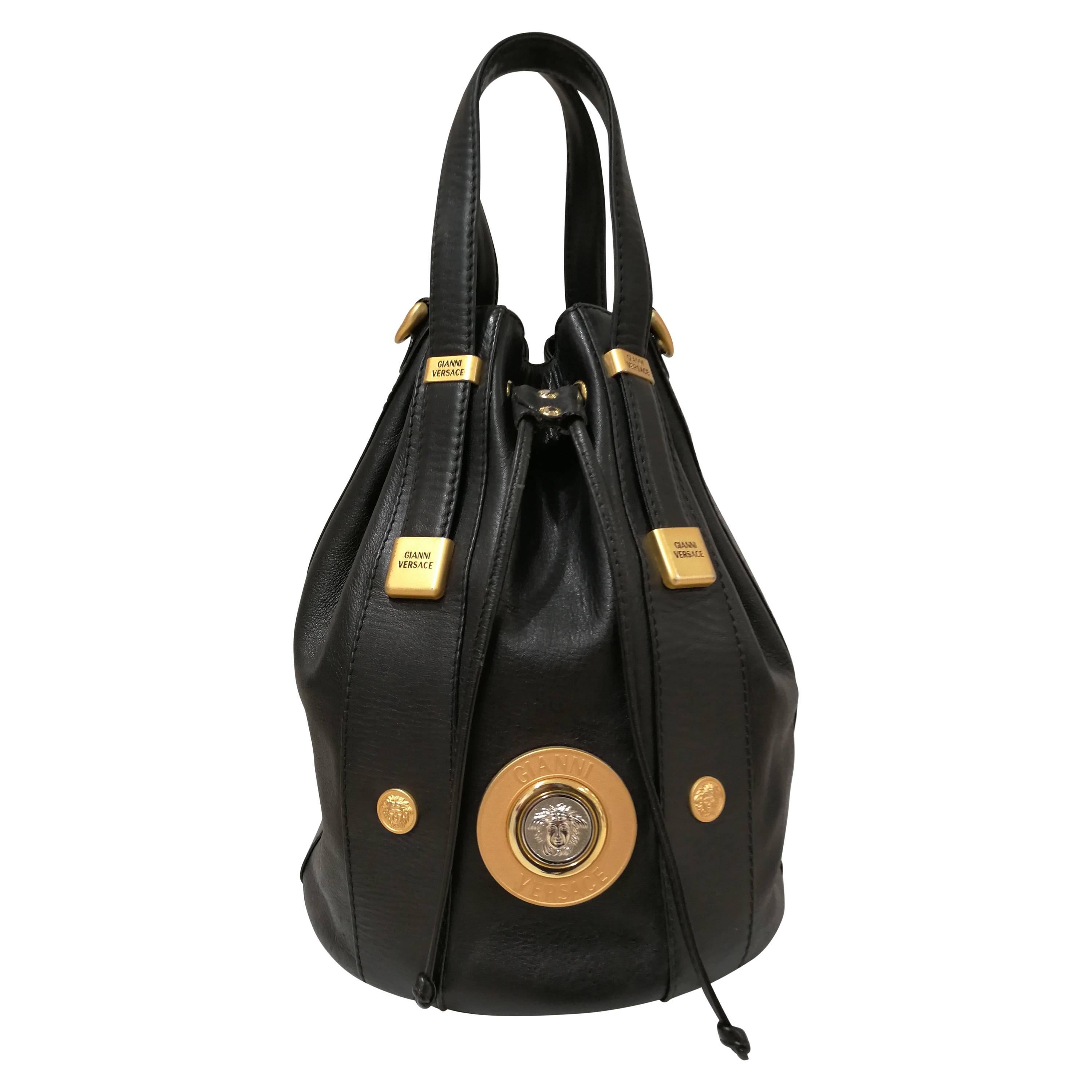 Gianni Versace Black leather Gold and Silver Tone Studs Satchel - Shoulder Bag