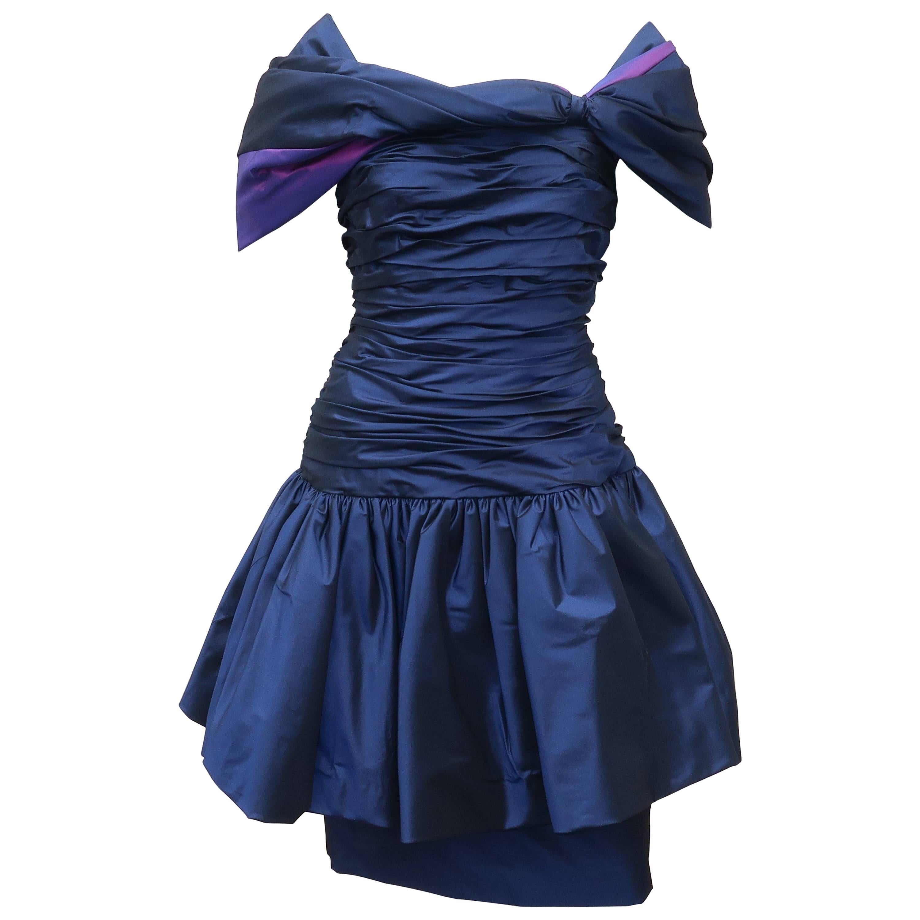 Mignon Blue Taffeta Dress With Dramatic Shoulder Drape, 1980s 